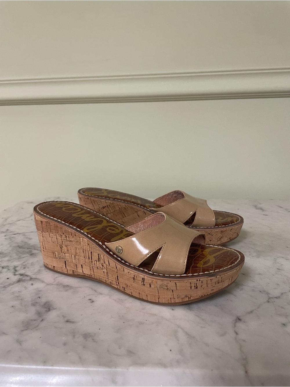 Sam Edelman Beige Patent Cork Wedge Mules